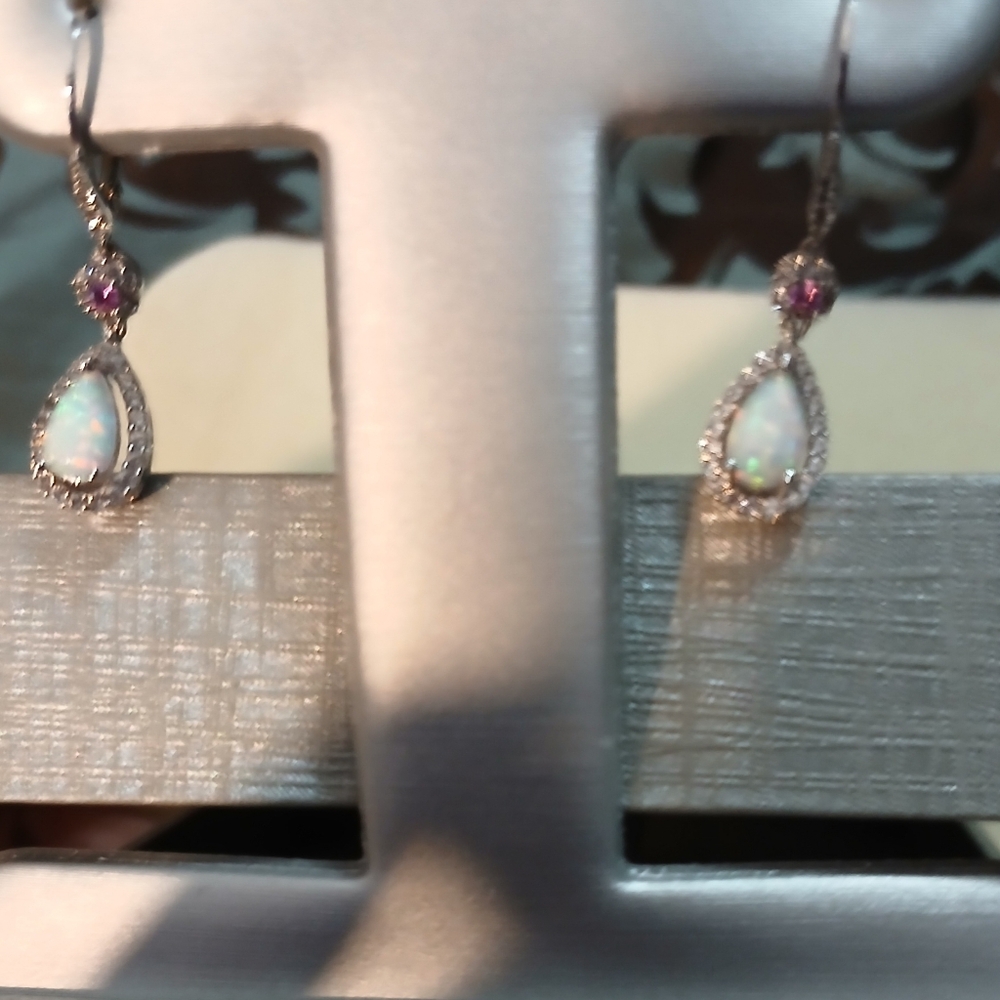 NWOT Zales Pear-Shaped Opal and Pink & White Sapphire Drop Earrings in Sterling